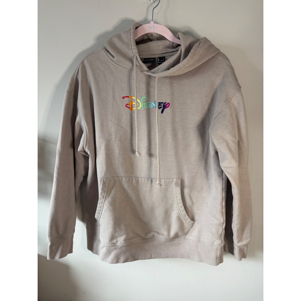 Disney Rainbow Embroidered Logo Hoodie Tan Beige Fleece Sweatshirt Women's LRGE
